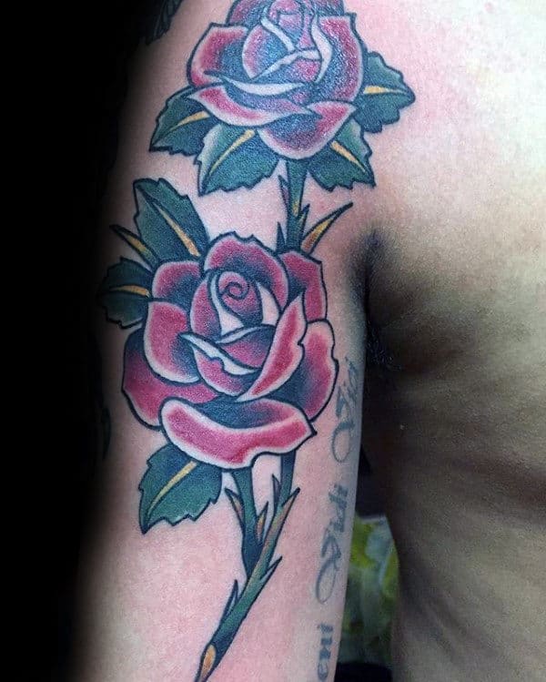 Cool Traditional Rose With Stem Mens Upper Arm Tattoos