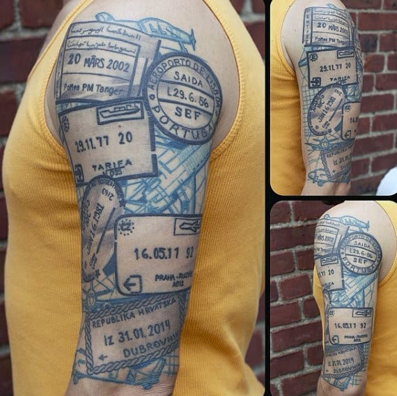 Cool Travel Stamps Mens Half Sleeve Tattoo Ideas