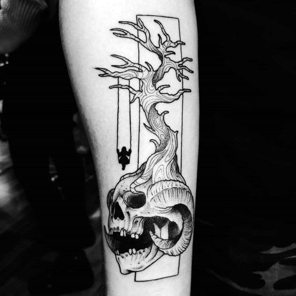 Cool Tree Inner Forearm Skull Tattoo For Guys