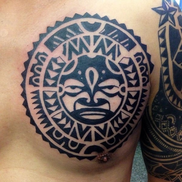 Cool Tribal Sun Circle Mens Hawaaian Tattoo On Chest