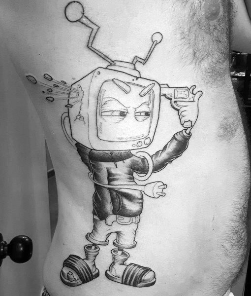 Black and grey tattoo of an anthropomorphic TV-headed character in a jacket, holding a gun to its head with static and debris exploding out.