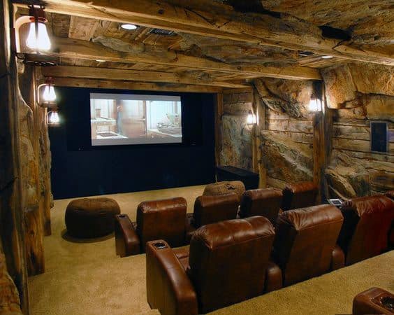 Cool Underground Home Theater Decor With Brown Leather Seating