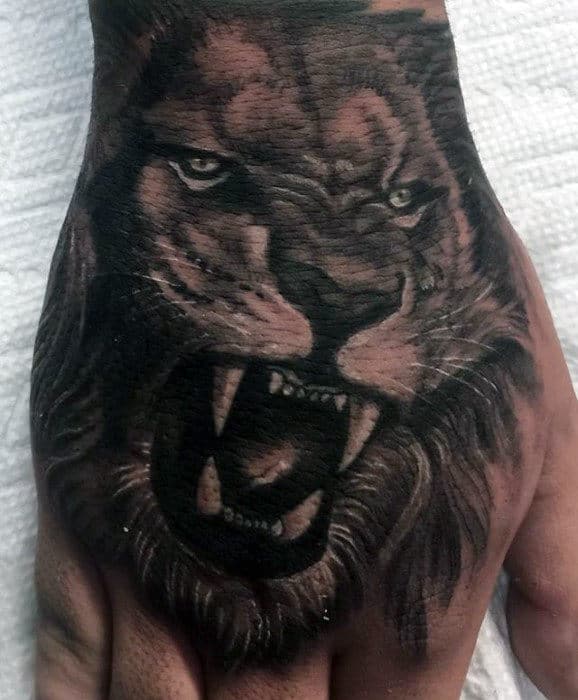 Cool Unique Mens Lion Hand Tattoo Design Ideas