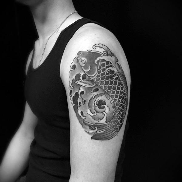 Cool Upper Arm Fish Yin Yang Tattoos For Men