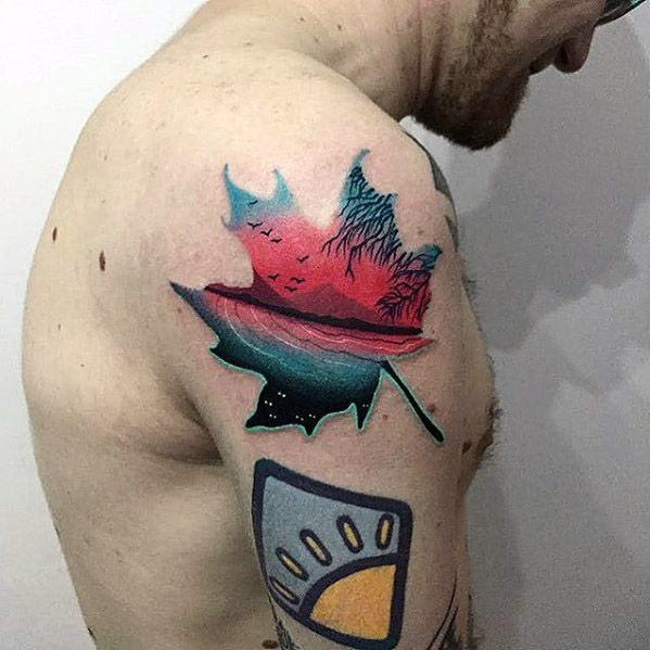 Cool Upper Arm Maple Leaf Lake Tattoo Design Ideas For Male