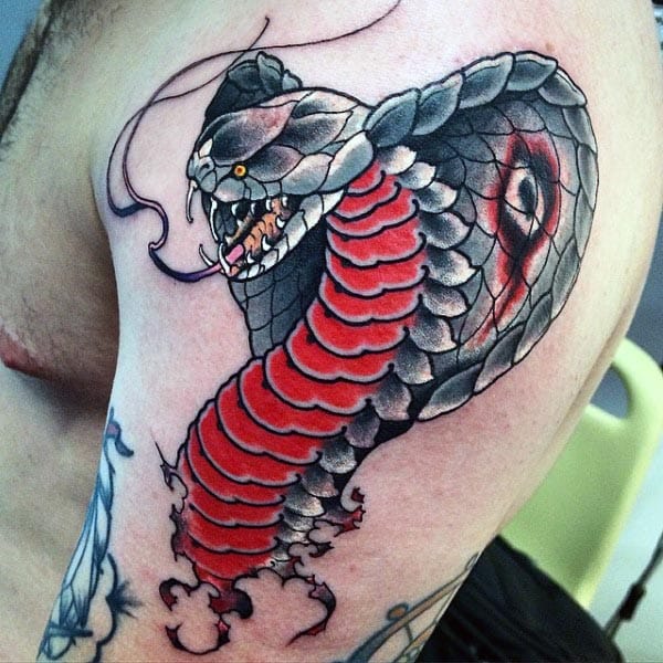 Cool Upper Arm Red And Grey Mens Cobra Tattoo