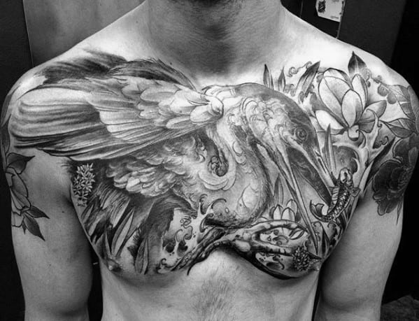 Cool Upper Chest Heavily Shaded Male Heron Tattoo Designs