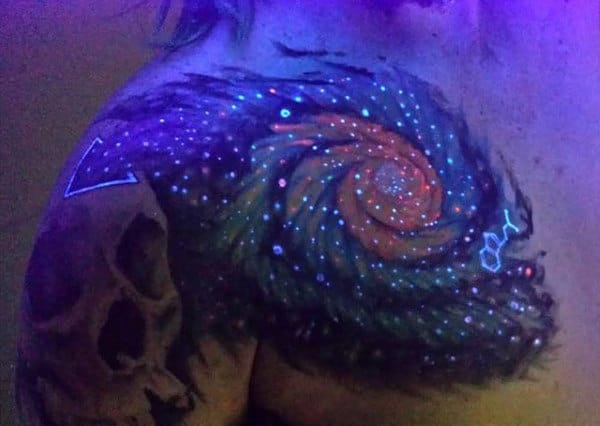 Cool Upper Shoulder Chest Mens Tattoo Of Glow In The Dark Galaxy With Stars