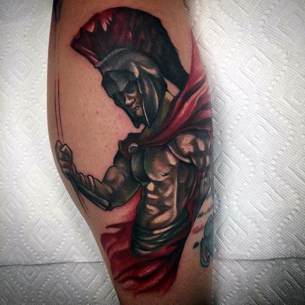 Cool Warrior Tattoo With Contrast Red Shades Tattoo Guys Calves
