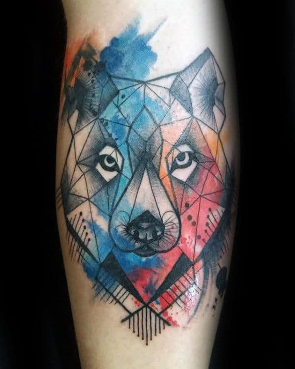 Cool Watercolor Geometric Wolf Mens Arm Tattoo Designs