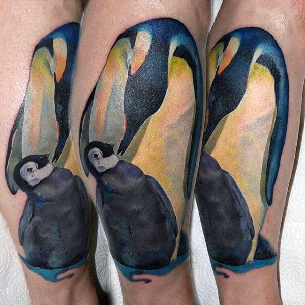 Cool Watercolor Mens Penguin Leg Tattoo Designs