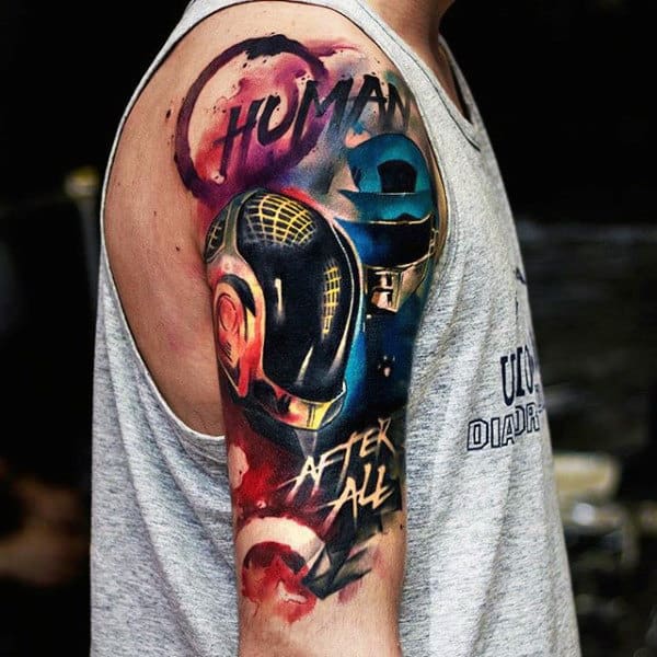 Cool Watercolor Music Artist Themed Mens Half Sleeve Tattoos