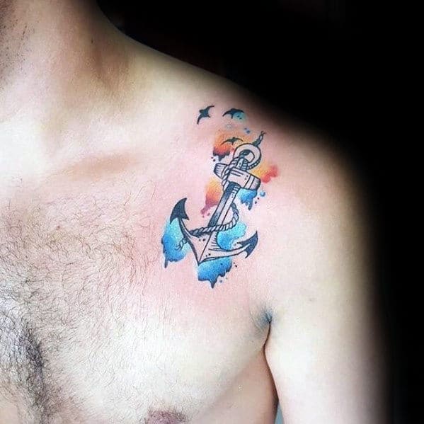 Cool Watercolor Small Guys Anchor Upper Shoulder Tattoo