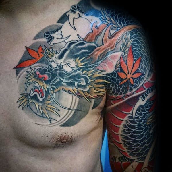 Cool Wind Blowing Leaves With Dragon Japanese Half Sleeve Tattoos For Men