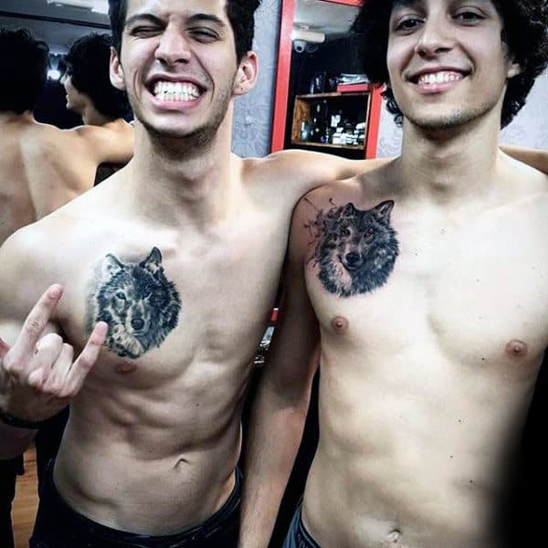 cool wolf brother tattoos on upper chest for males