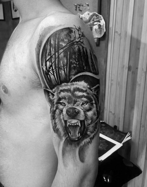 Cool Wolf Forest Guys Animal Half Sleeve Tattoo Ideas