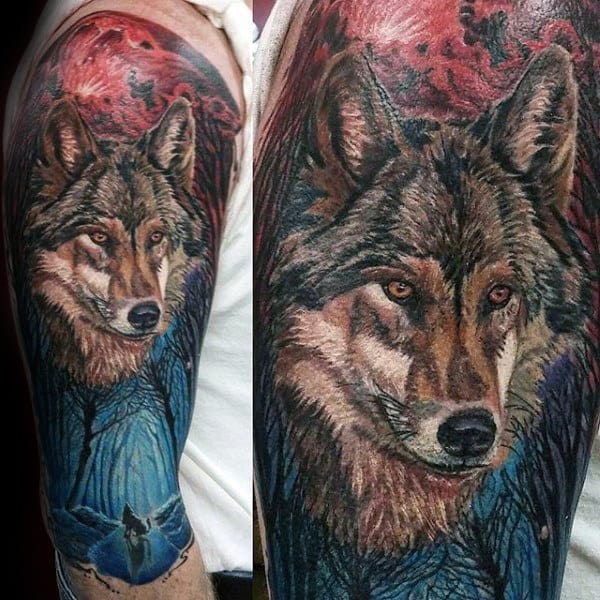 Cool Wolf In Forest Mens Half Sleeve Tattoo