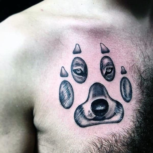 Cool Wolf Paw Print Male Upper Chest Tattoo With Shaded Ink