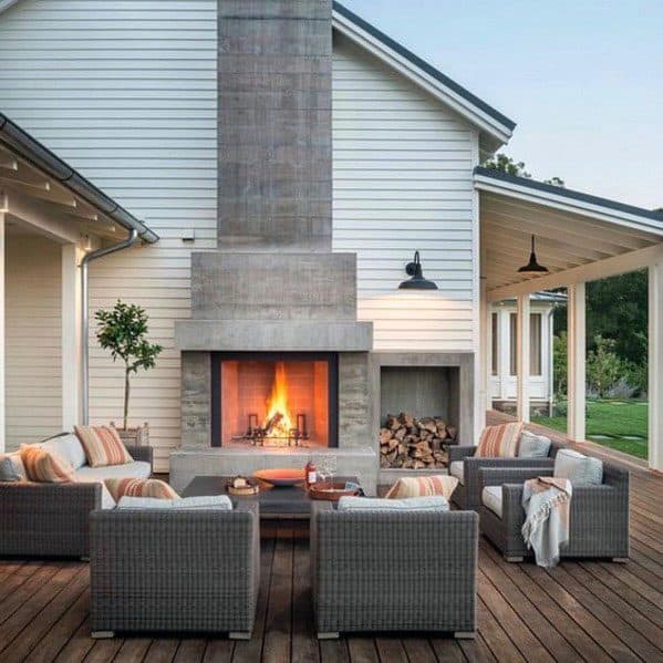 Cool Wood Deck Patio Fireplace Design Ideas With Firewood Storage