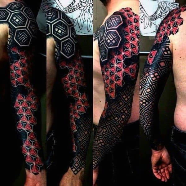 Coolest Mens Geometric Full Arm Sleeve Red And Black Ink Tattoo Designs