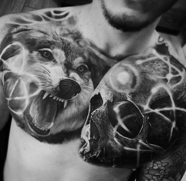 Coolest Wolf And Skull Male Chest 3d Tattoos