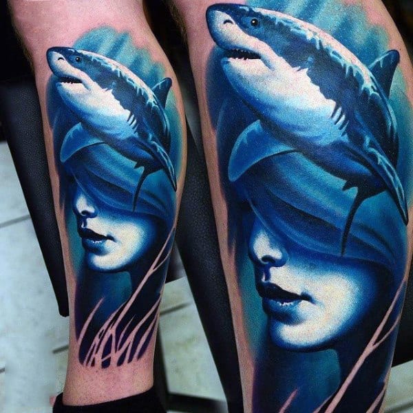 Copper Blue Realistic Fish And Lady Tattoo Mens Calves