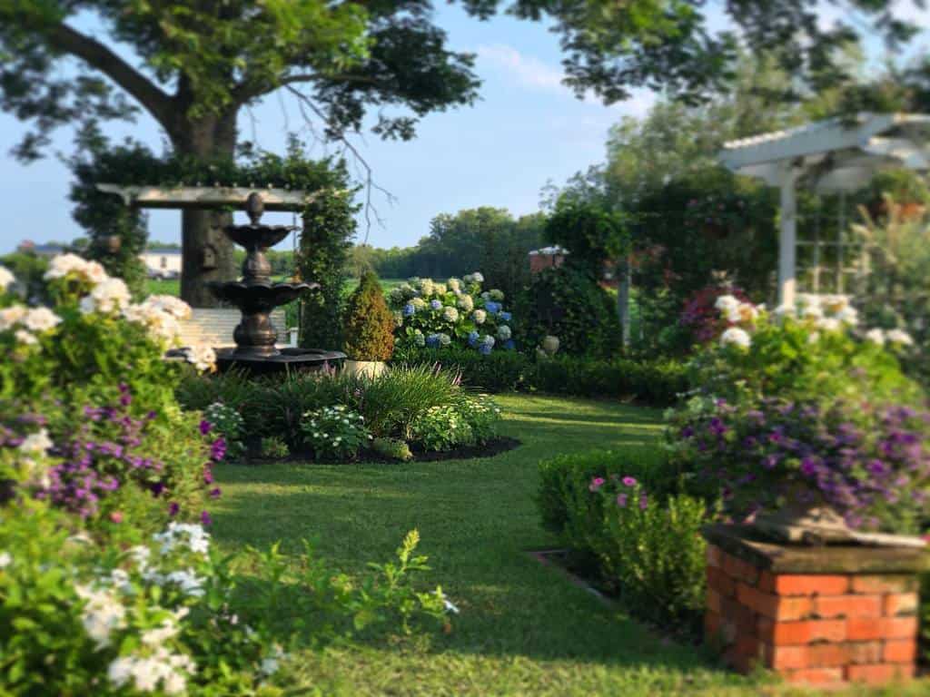 cottage garden with fountain 