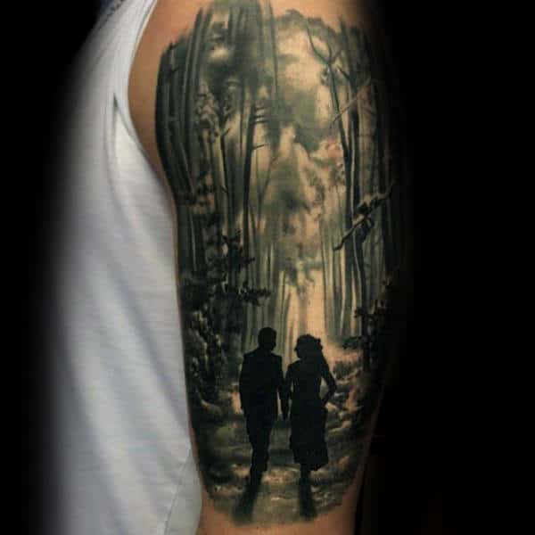 Couple Walking Through Forest Mens Upper Arm Tattoo