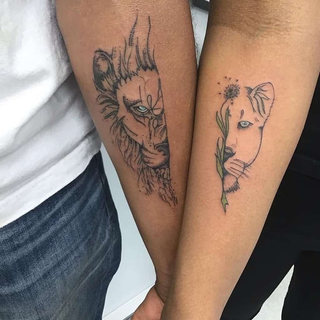 Couples tattoo matching leo lions forearm linework