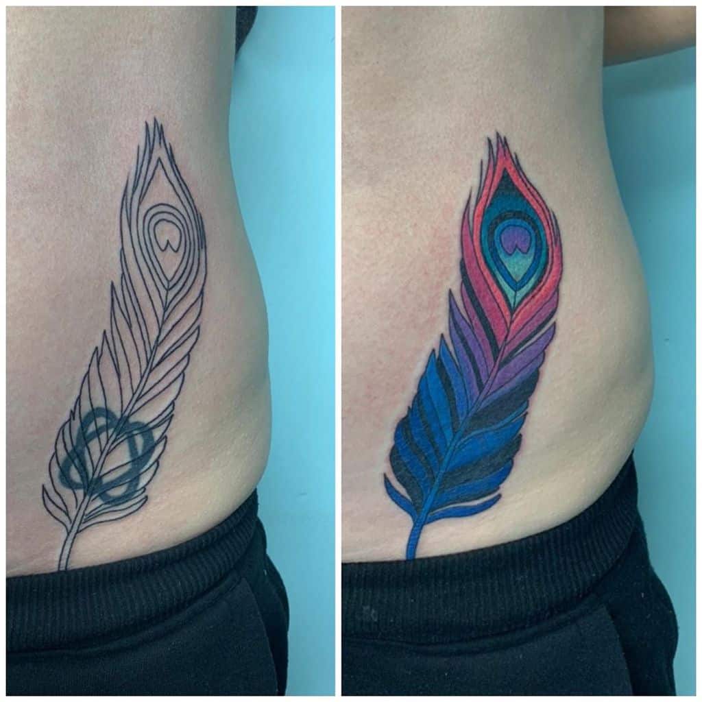 Cover Up Colored Peacock Feather Tattoo