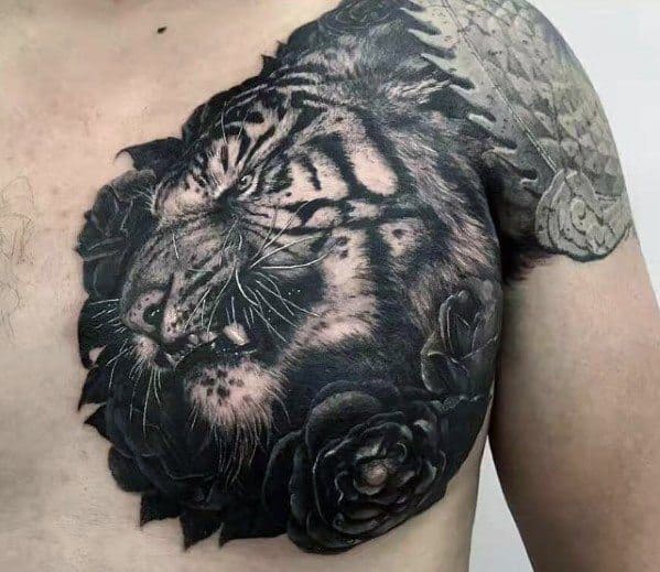Cover Up Guys Black Ink Tiger Head And Flower Tattoo On Chest