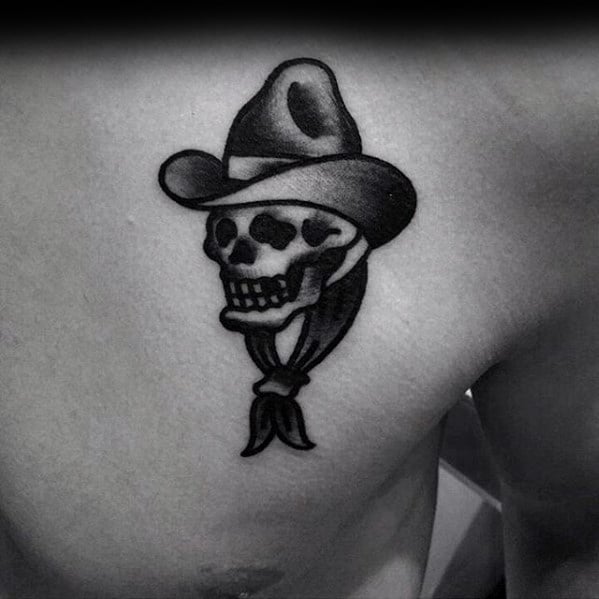 Cowboy Hat With Skull Guys Simple Traditional Chest Tattoo Designs