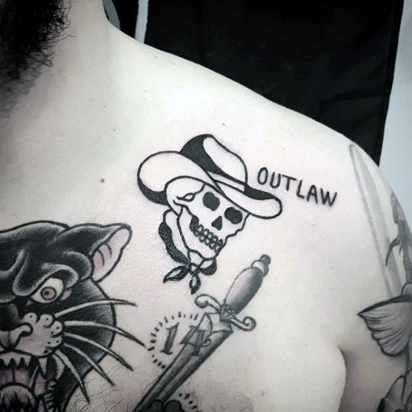 Cowboy Hat With Skull Outlaw Mens Simple Shoulder Tattoo