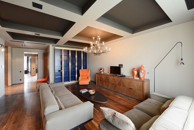 cozy living room coffered ceiling