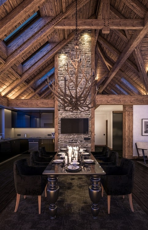 cozy living room vaulted veiling wood beams