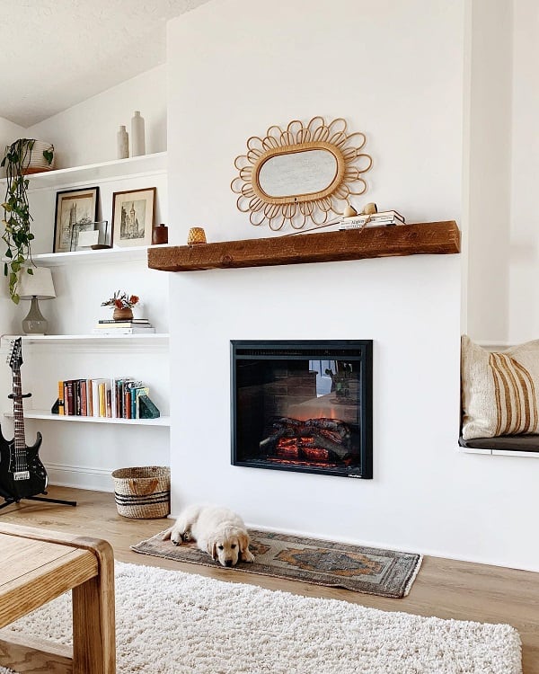 cozy minimalist gas fireplace surround wood mantle 