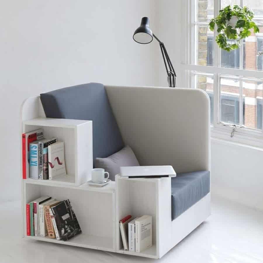 cozy chair with built-in bookshelf 