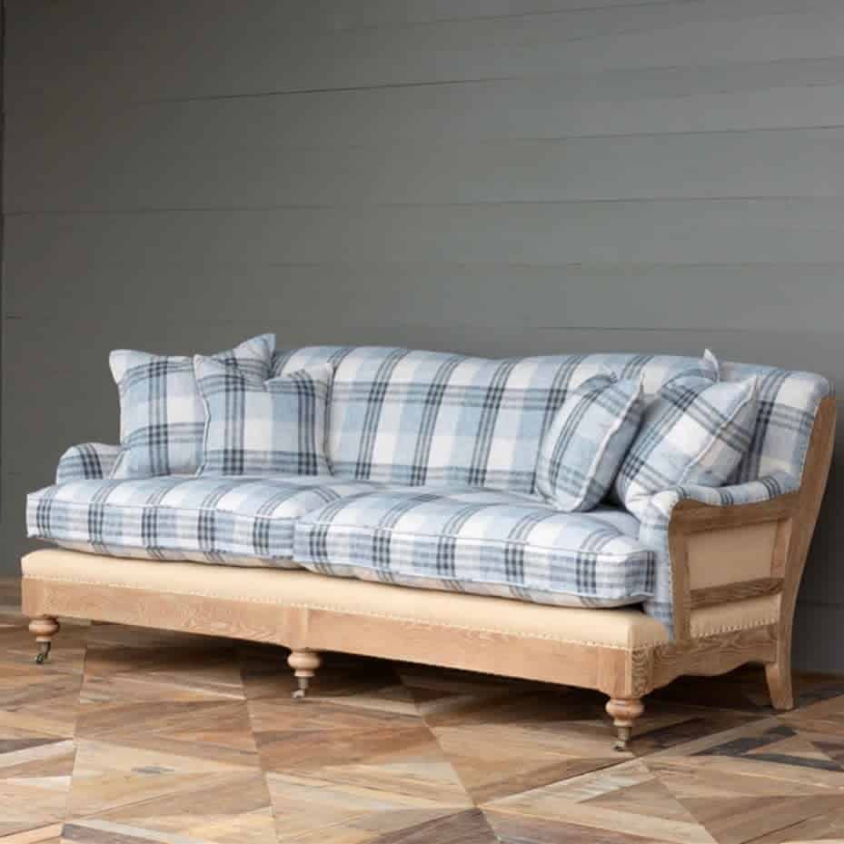shiplap wall wood floor check pattern sofa