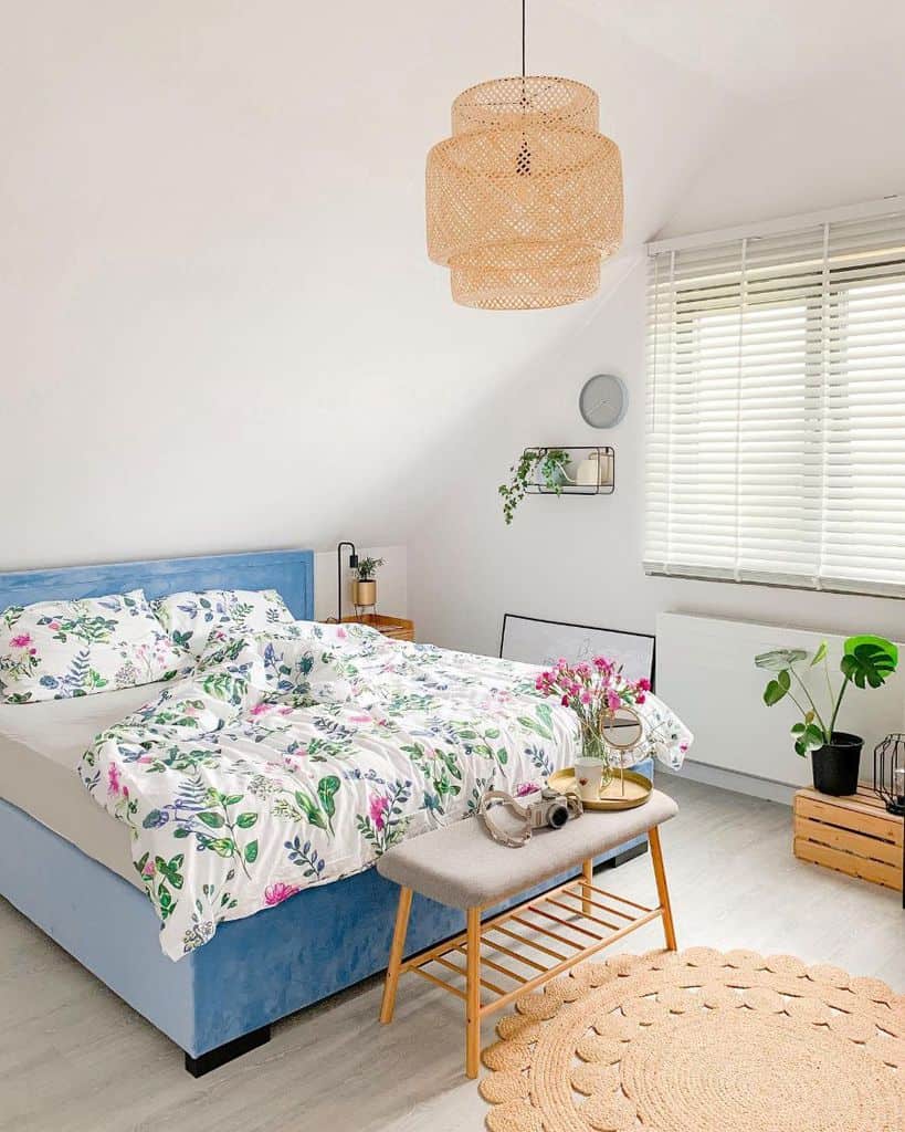 blue bed in simple girls bedroom 
