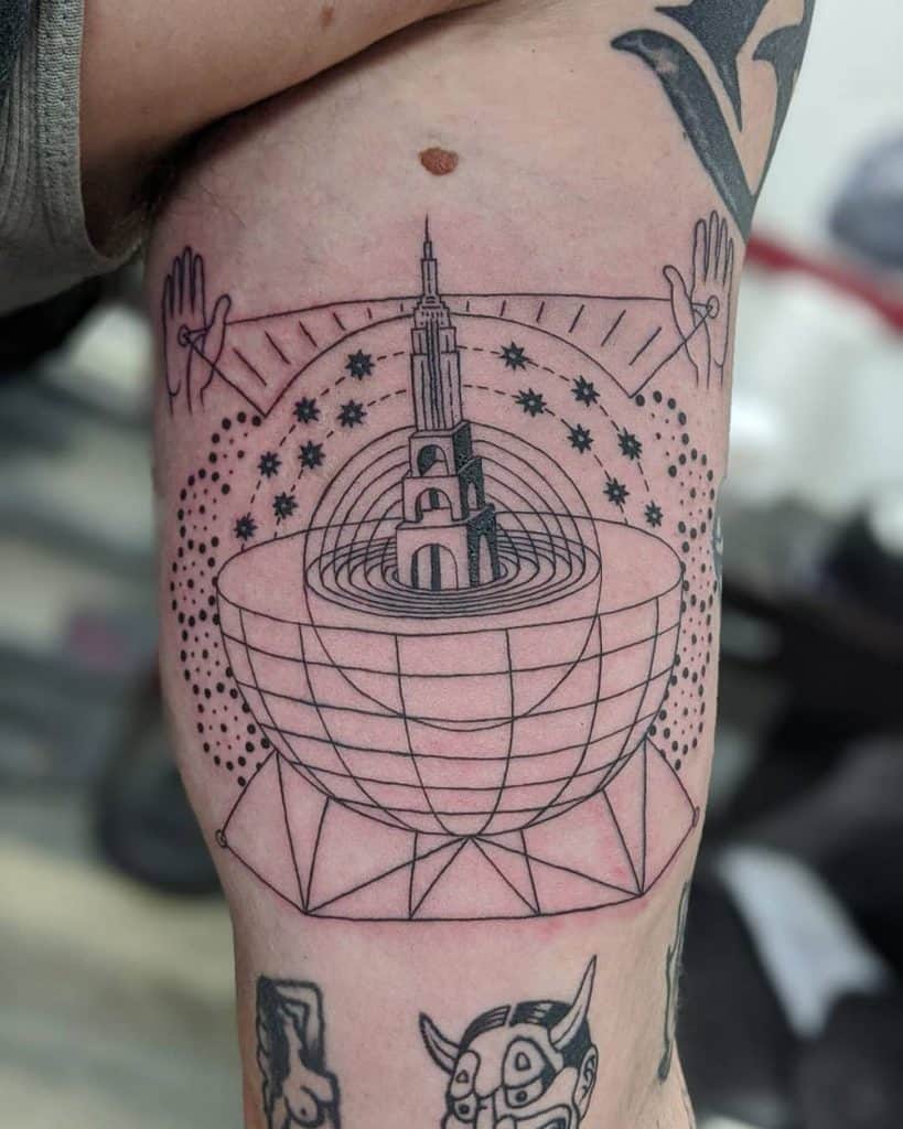 Crazy Cross Section Of Globe Central Skyscraper Fmaed By Linework Geometric Tattoo