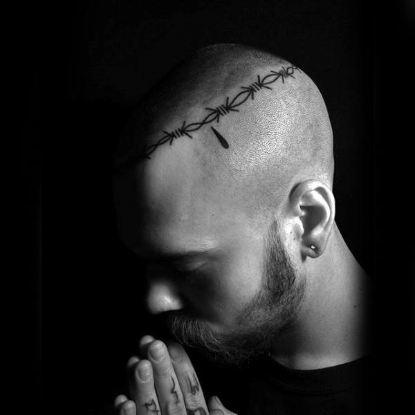 Creative Barbed Wire Tattoo On Mans Head