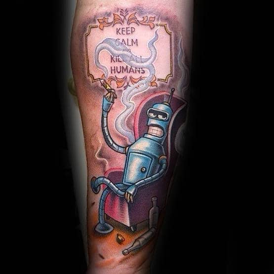 Creative Bender Sitting In Chair Leg Sleve Tattoos For Guys