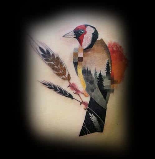 Creative Bird With Wheat Mens Back Tattoos