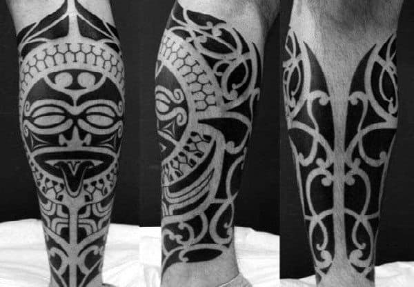 Creative Black Ink Guys Tribal Sun Tattoo On Legs