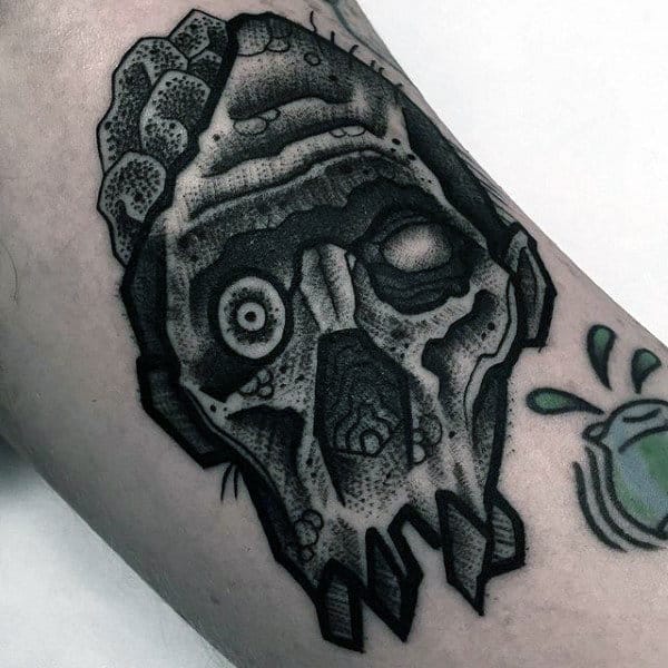 Creative Black Ink Shaded Zombie Face Outlined Male Tattoo