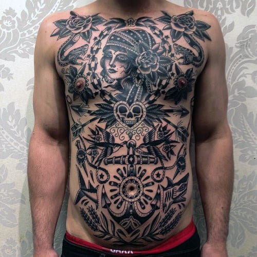 Creative Black Ink Traditional Tattoos For Guys On Chest