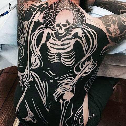 Creative Blackwork Skeleton Mens Full Back Negative Space Tattoos