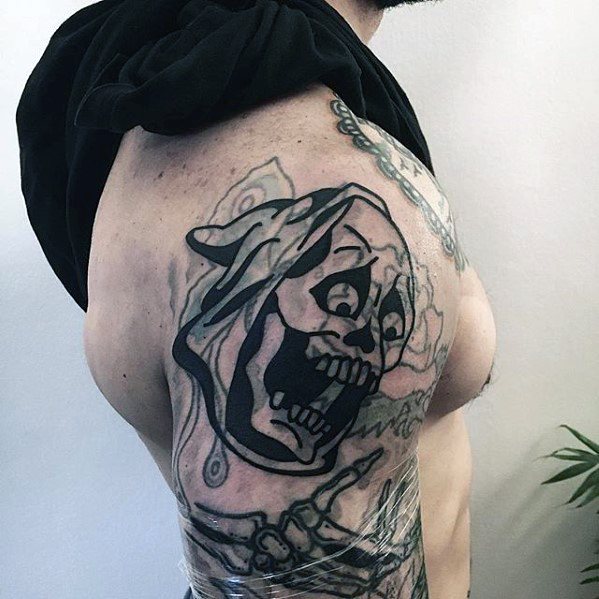 Creative Blast Over Skull Grim Reaper Arm Tattoos For Men