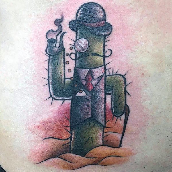 Creative Cactus With Mustache And Top Hat Tattoo Design For Guys