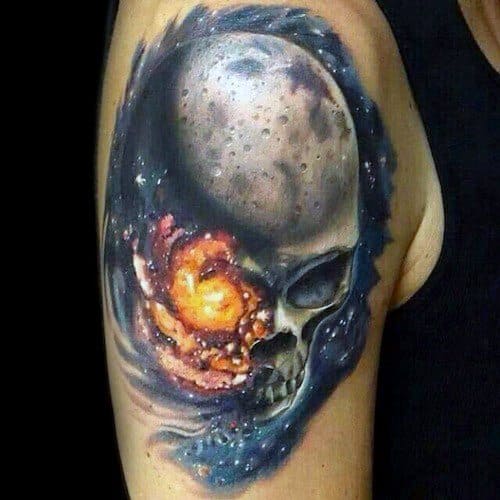 Creative Celestial Skull Moon Tattoos For Men On Upper Arm